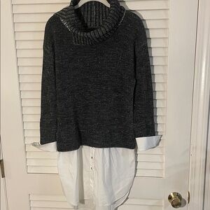 Crea Concept Knit Black White Cowl Neck Sweater Shirt Button Rounded Edge Top